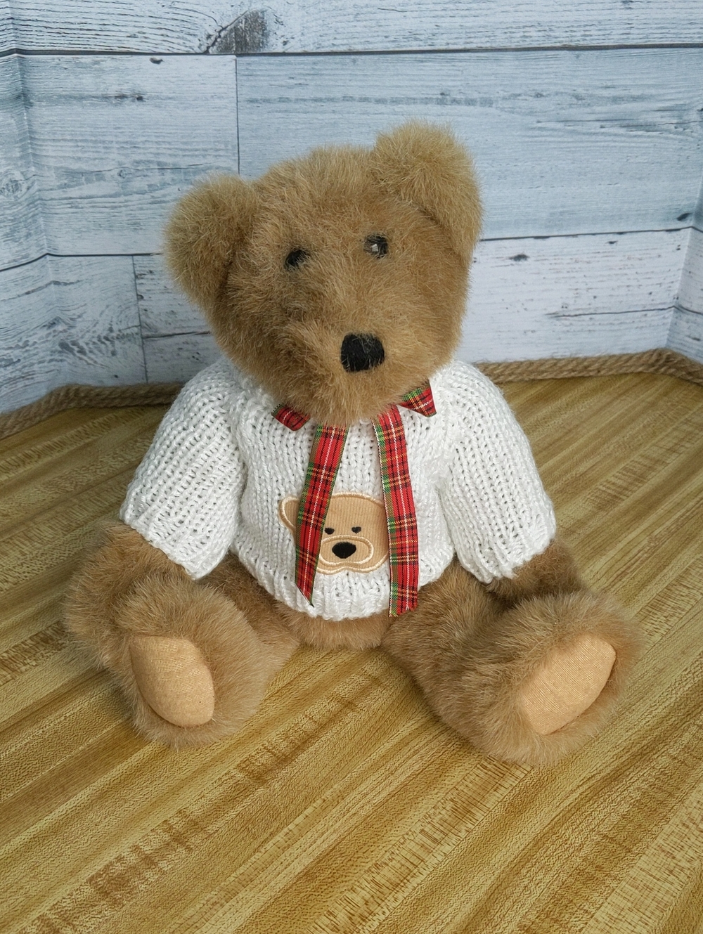 VTG Ganz Teddy Bear Plush Cream Sweater Plaid Bow Heritage Cottage Collectibles